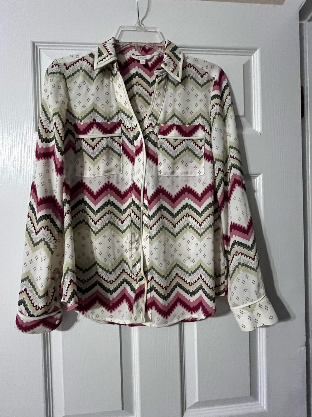 Womens Chevron Print Button-Front Blouse - Cream & Burgundy candies XS